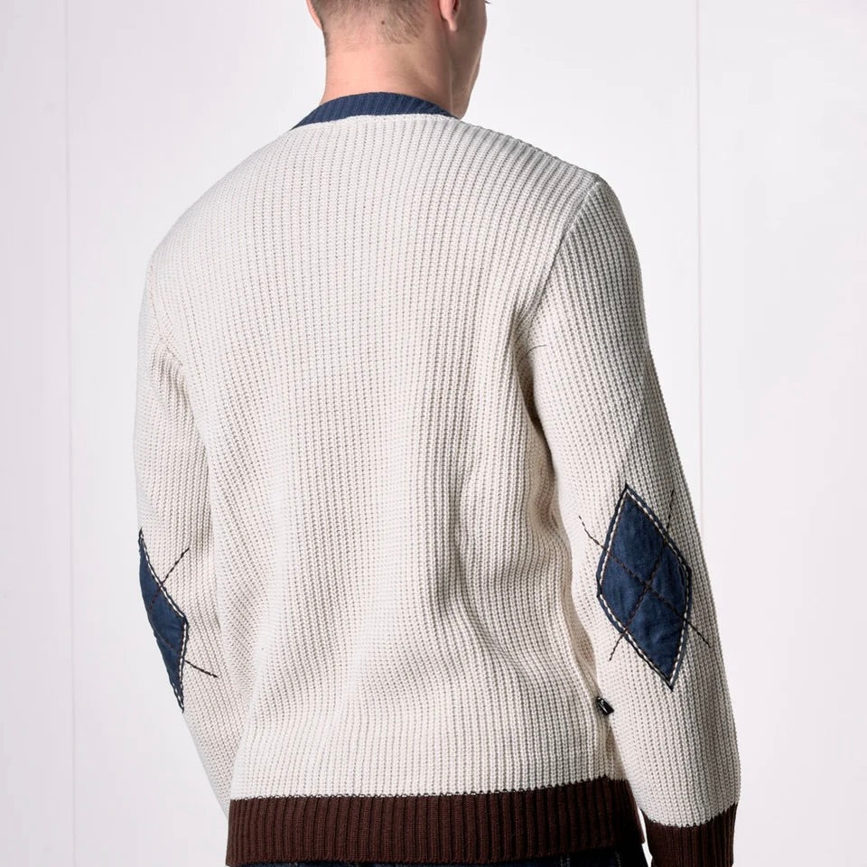 V2 | MAGLIONE GIROCOLLO MAGLIA INGLESE TRE COLORI CON TOPPE SCAMOSCIATE