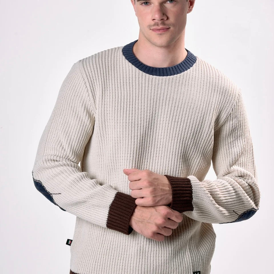 V2 | MAGLIONE GIROCOLLO MAGLIA INGLESE TRE COLORI CON TOPPE SCAMOSCIATE