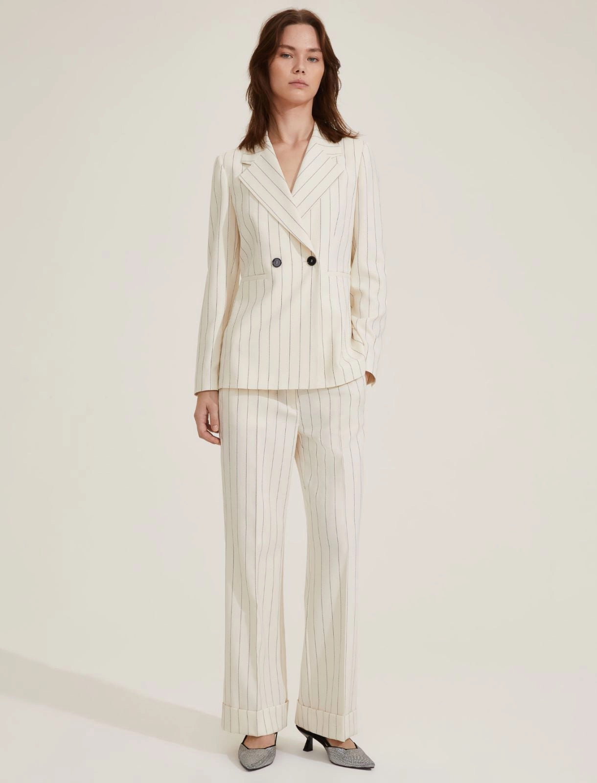 EMME Marella | Pantalone wideleg con risvolto - bianco lana gessato