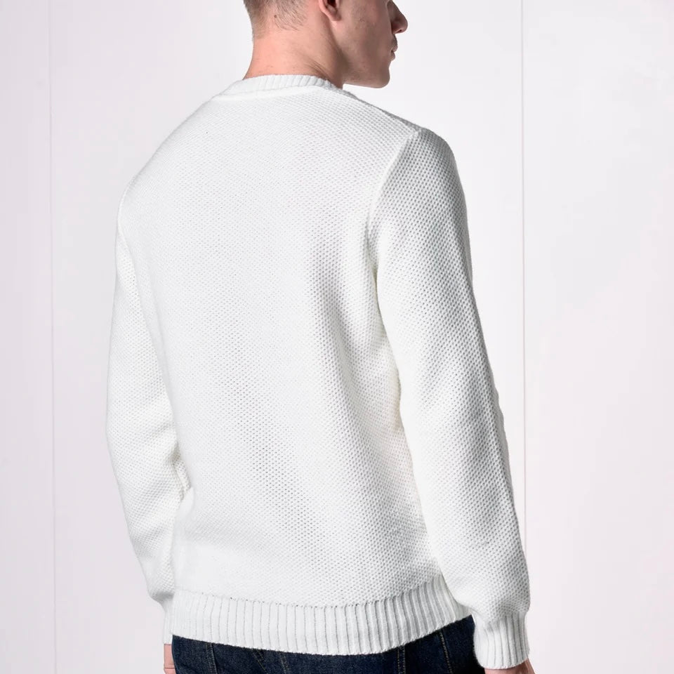 V2 | MAGLIONE GIROCOLLO OCCHIO DI PERNICE PANNA CON TASCHINO PATCHWORK RICAMATO CON TESSUTI