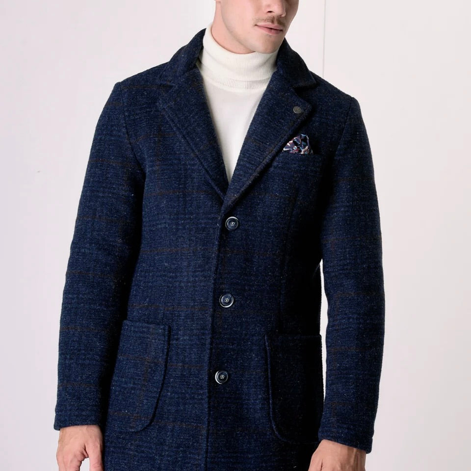 V2 | CAPPOTTO MONOPETTO IN LANA COTTA PRINCIPE DI GALLES BLU CON FODERA INTERNA E POCHETTE IN TESSUTO