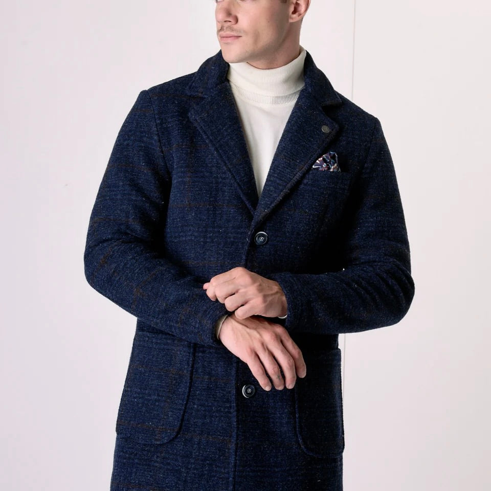 V2 | CAPPOTTO MONOPETTO IN LANA COTTA PRINCIPE DI GALLES BLU CON FODERA INTERNA E POCHETTE IN TESSUTO