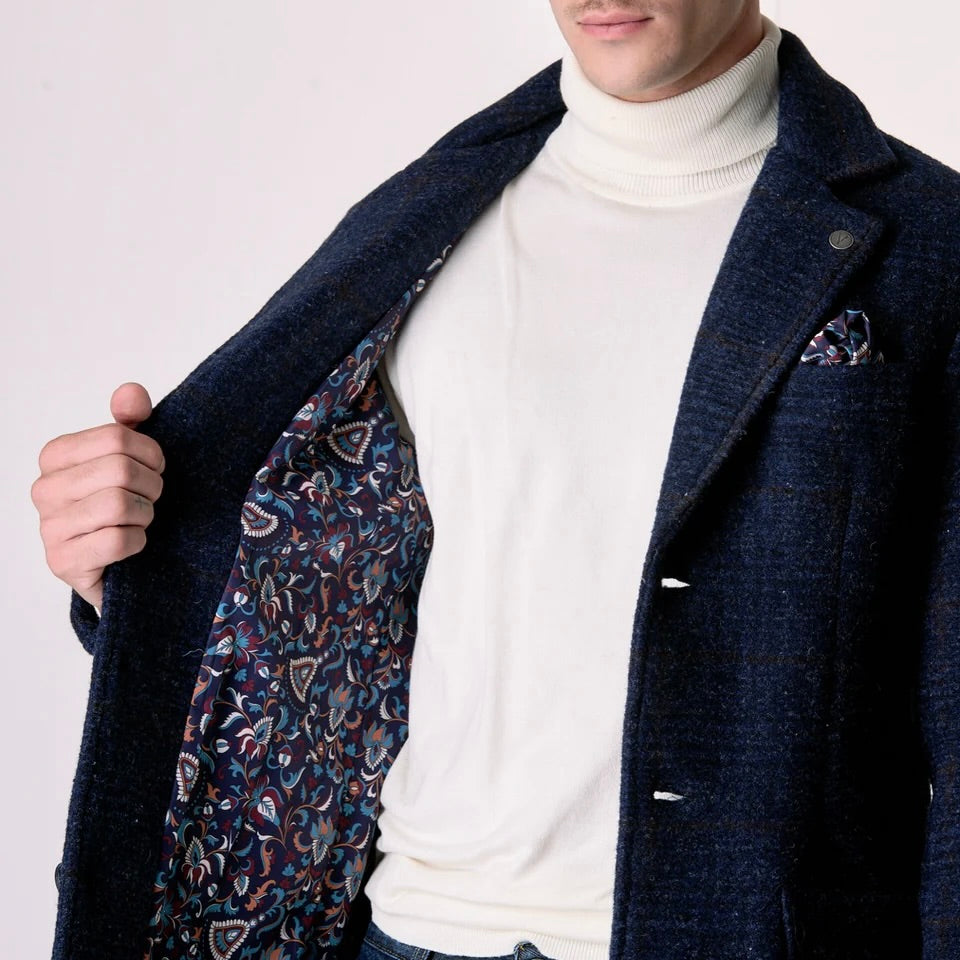 V2 | CAPPOTTO MONOPETTO IN LANA COTTA PRINCIPE DI GALLES BLU CON FODERA INTERNA E POCHETTE IN TESSUTO
