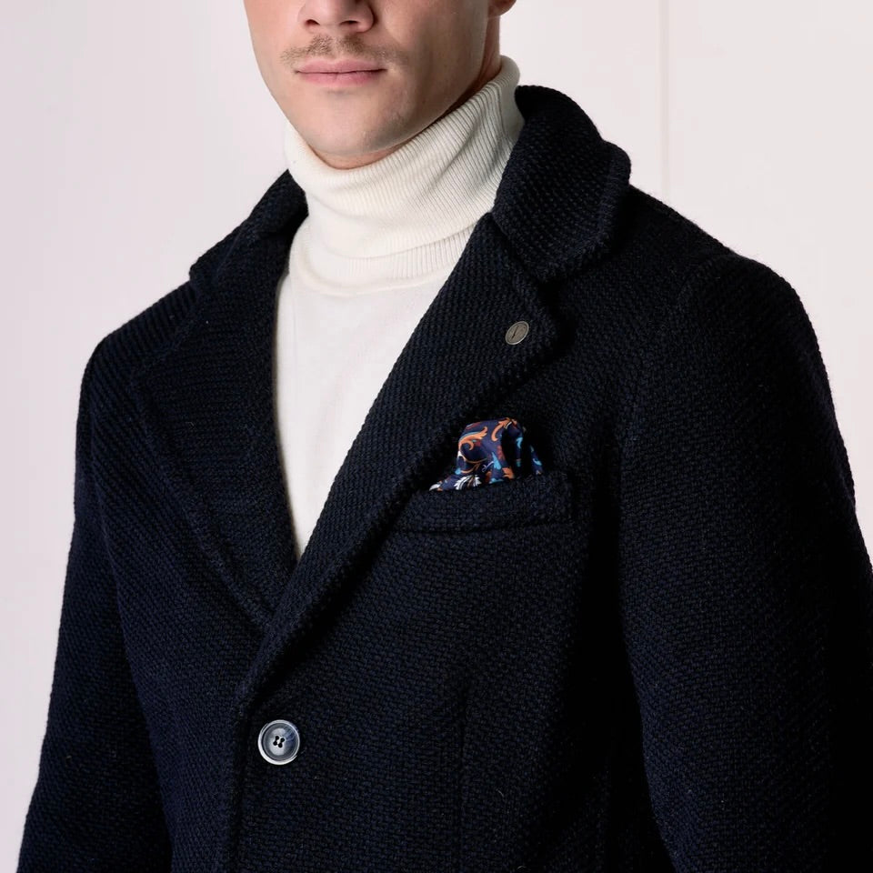 V2 | CAPPOTTO MONOPETTO PUNTO RISO BLU CON FODERA INTERNA E POCHETTE IN TESSUTO