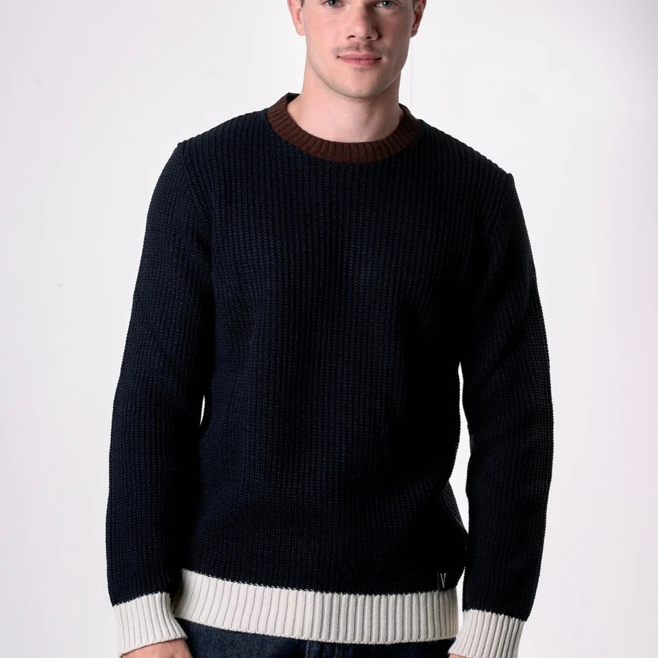 V2 | MAGLIONE GIROCOLLO MAGLIA INGLESE TRE COLORI CON TOPPE SCAMOSCIATE