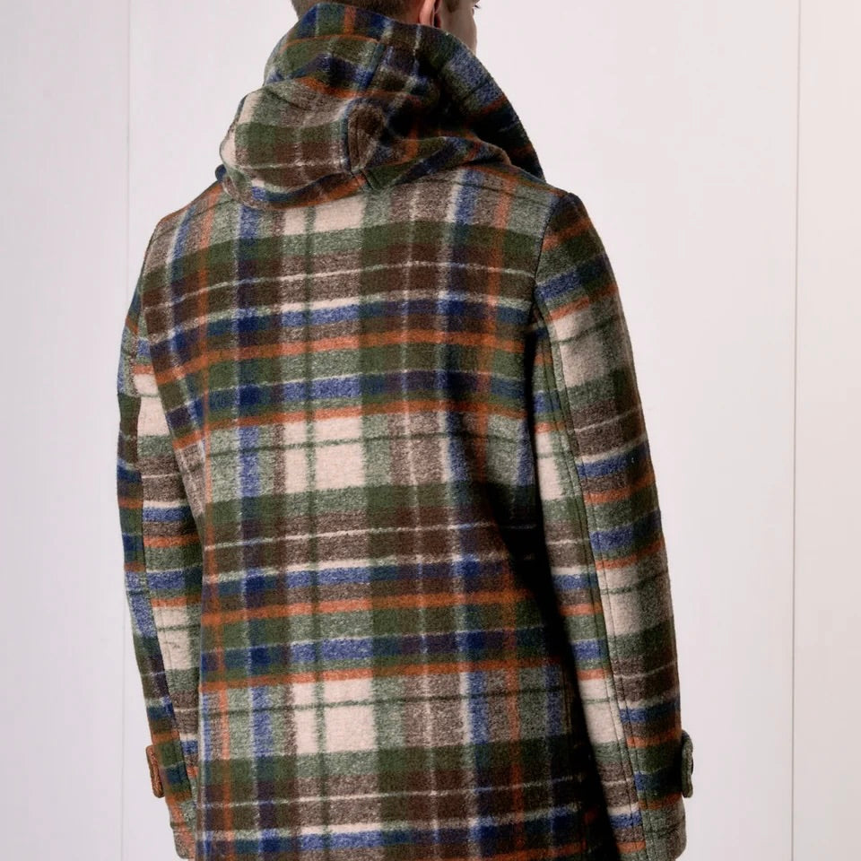 V2 | PARKA IN LANA COTTA CHECK MULTICOLOR VERDE MILITARE CON FODERA INTERNA IN TESSUTO