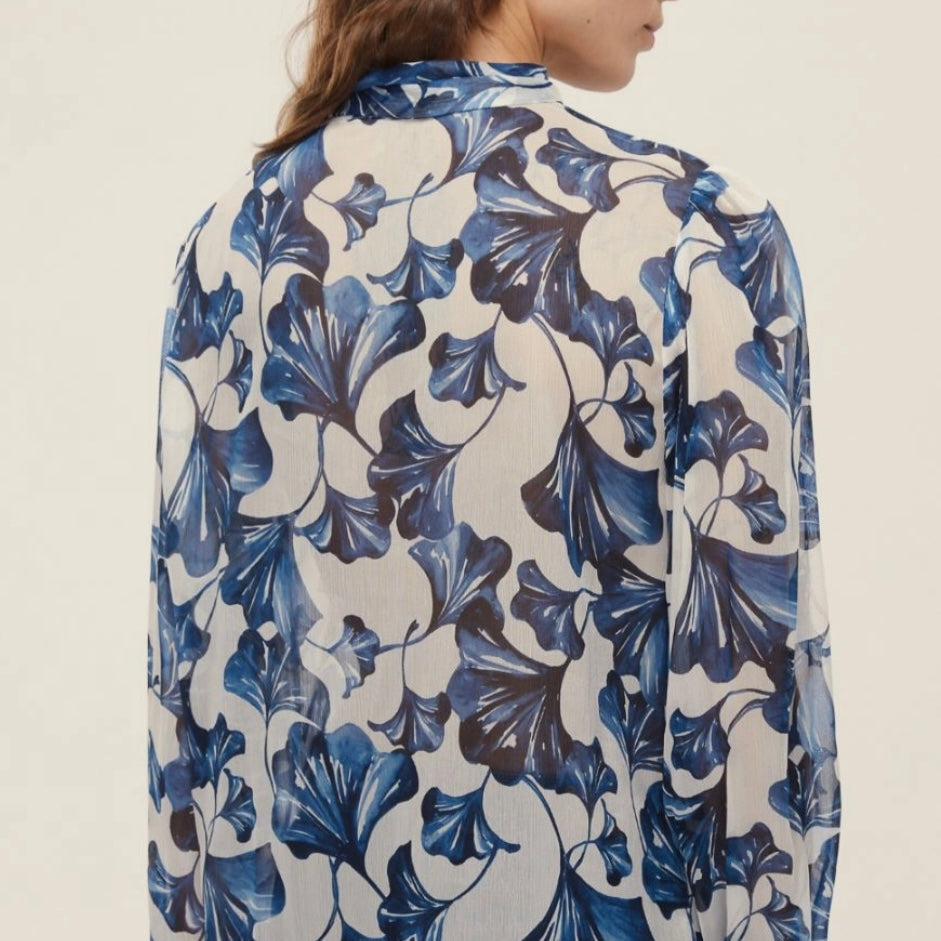 EMME Marella | Camicia stampa ginkgo con fusciacca - turchese