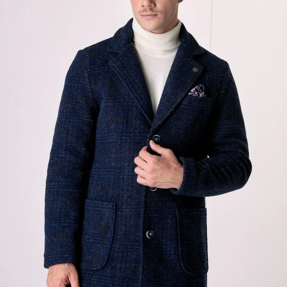V2 | CAPPOTTO MONOPETTO IN LANA COTTA PRINCIPE DI GALLES BLU CON FODERA INTERNA E POCHETTE IN TESSUTO