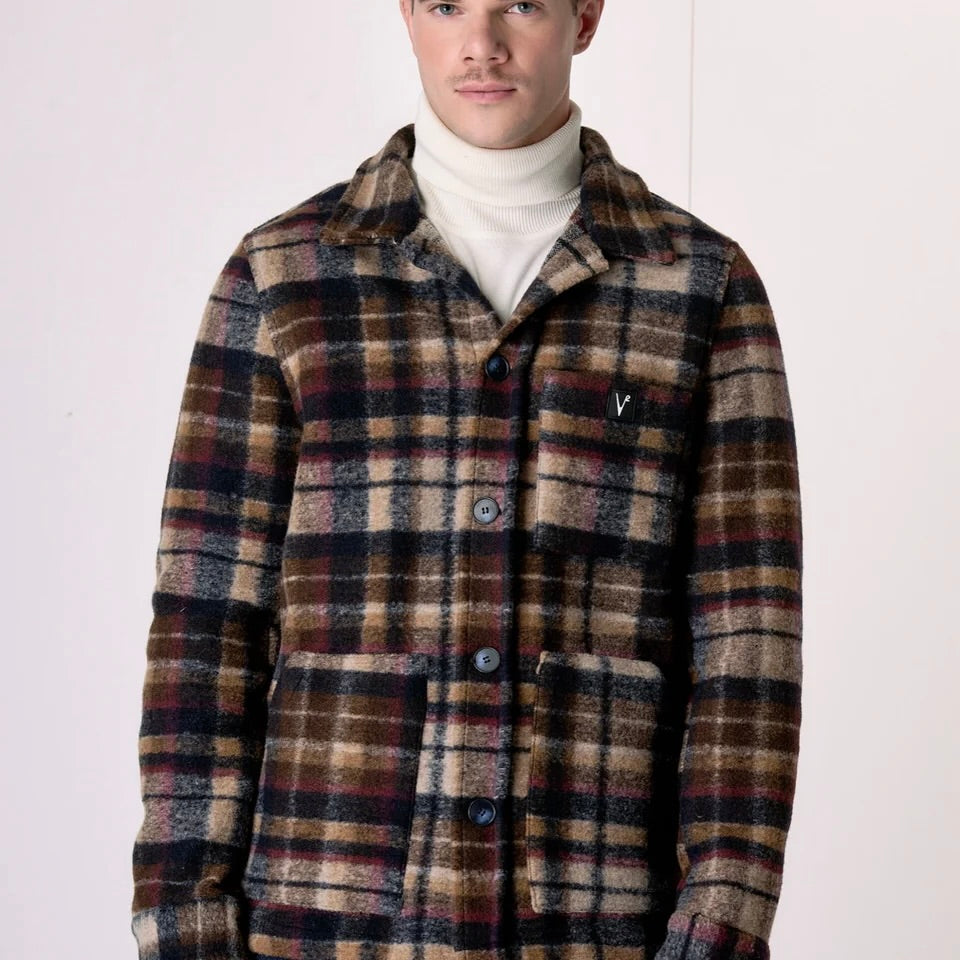 V2 | SAHARIANA IN LANA COTTA CHECK MULTICOLOR BLU CON FODERA INTERNA IN TESSUTO V2