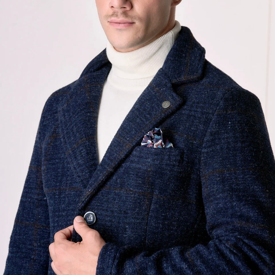 V2 | CAPPOTTO MONOPETTO IN LANA COTTA PRINCIPE DI GALLES BLU CON FODERA INTERNA E POCHETTE IN TESSUTO