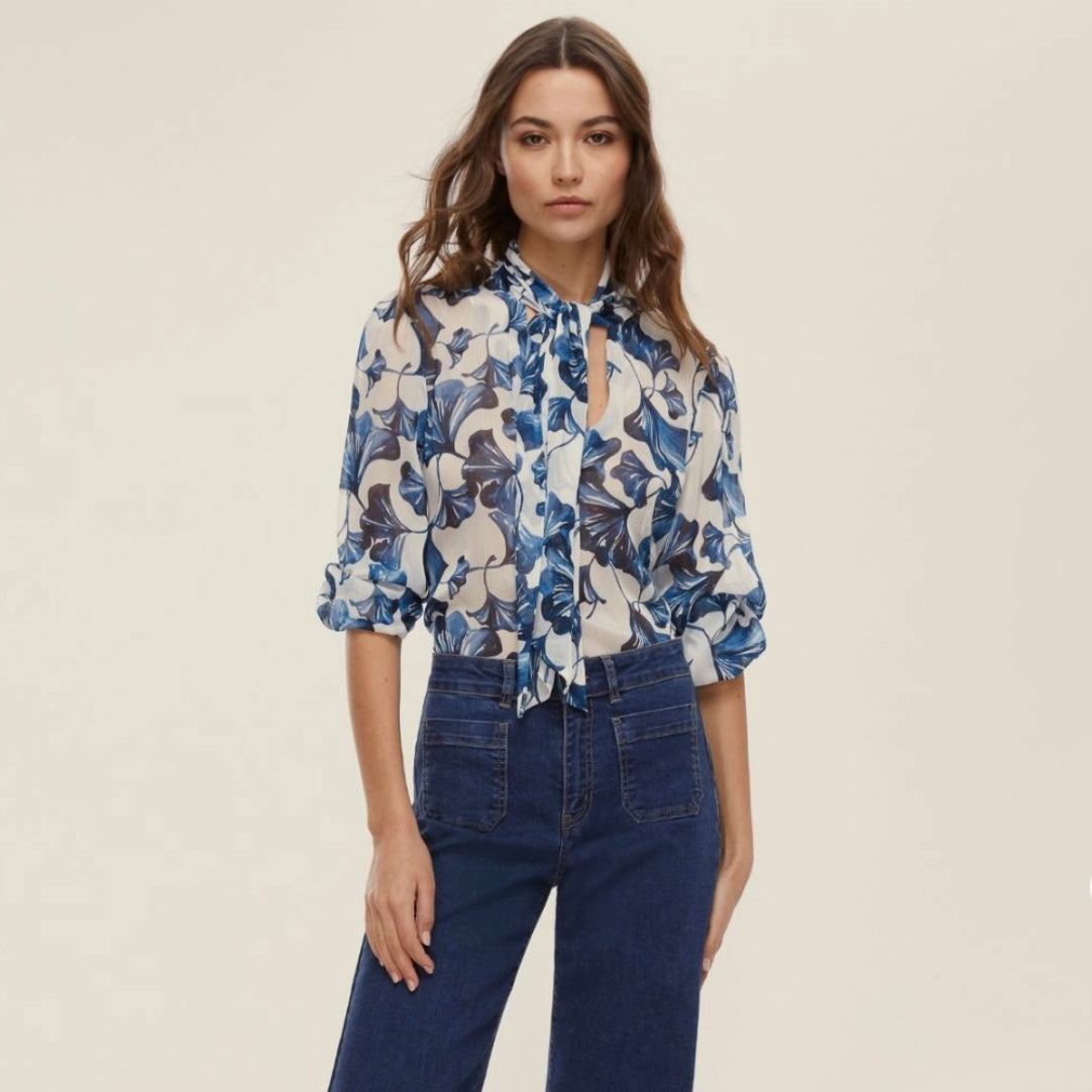 EMME Marella | Camicia stampa ginkgo con fusciacca - turchese