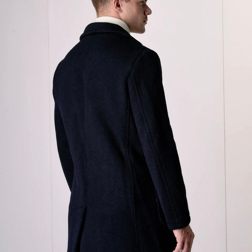 V2 | CAPPOTTO MONOPETTO PUNTO RISO BLU CON FODERA INTERNA E POCHETTE IN TESSUTO