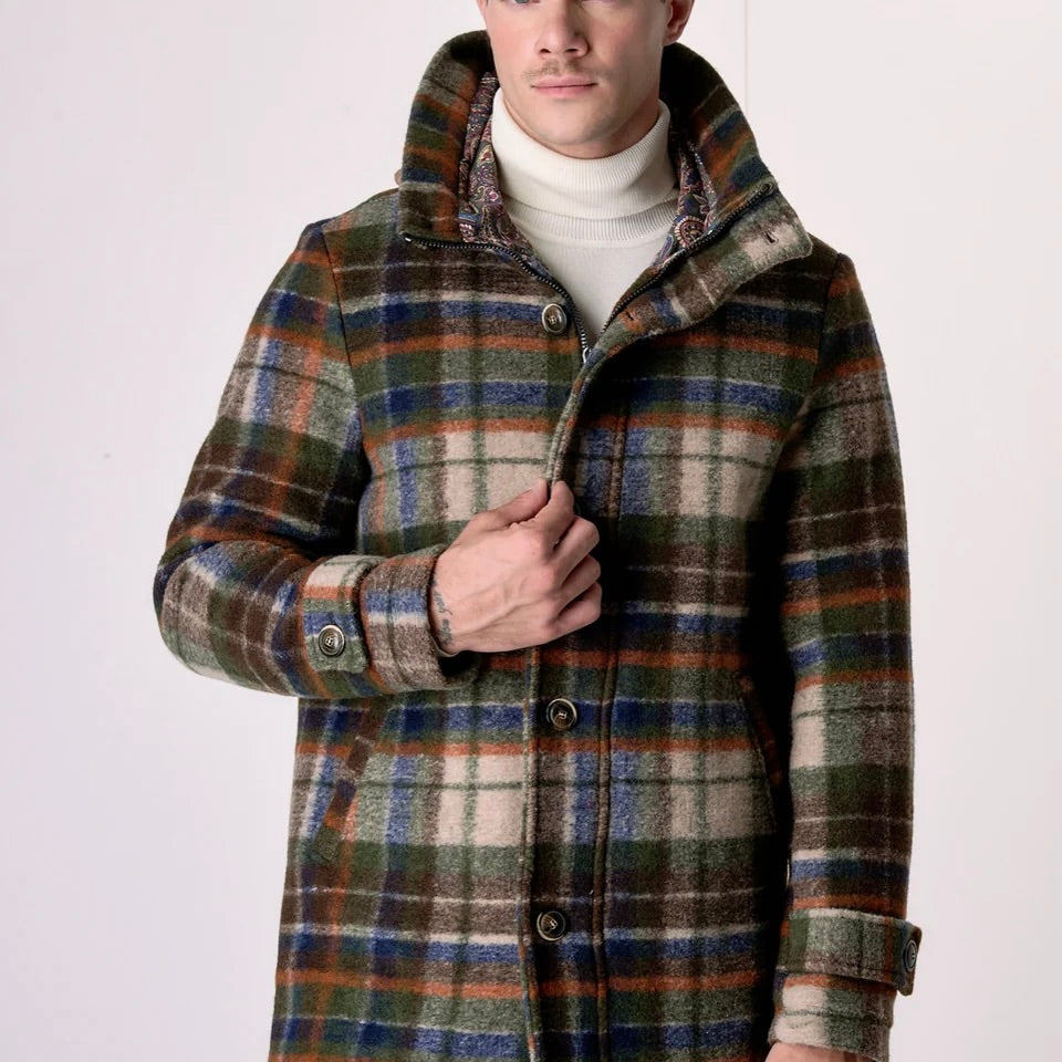 V2 | PARKA IN LANA COTTA CHECK MULTICOLOR VERDE MILITARE CON FODERA INTERNA IN TESSUTO
