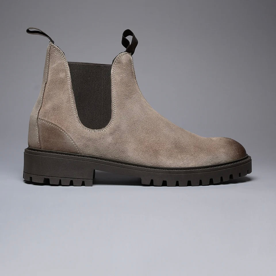 V2 | SHERLOCK STIVALETTO SCAMOSCIATO TORTORA CON INSERTO IN TESSUTO