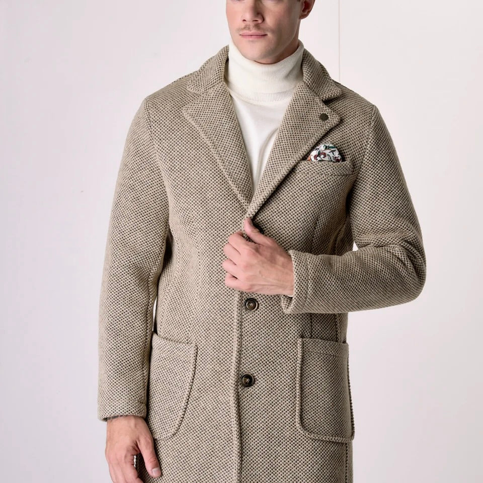V2 | CAPPOTTO MONOPETTO PUNTO RISO SABBIA CON FODERA INTERNA E POCHETTE IN TESSUTO