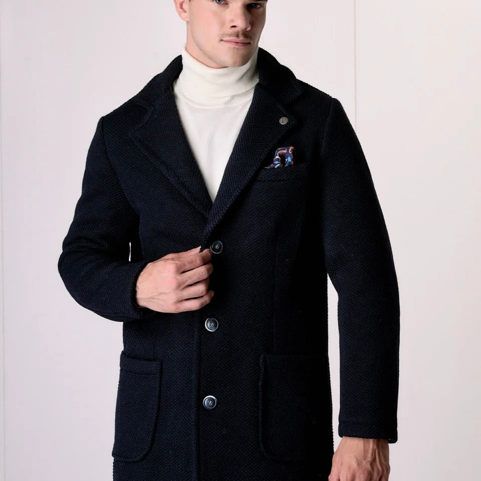 V2 | CAPPOTTO MONOPETTO PUNTO RISO BLU CON FODERA INTERNA E POCHETTE IN TESSUTO