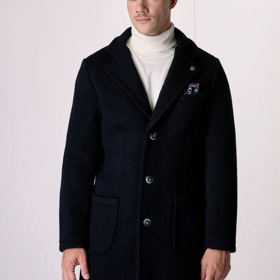 V2 | CAPPOTTO MONOPETTO PUNTO RISO BLU CON FODERA INTERNA E POCHETTE IN TESSUTO