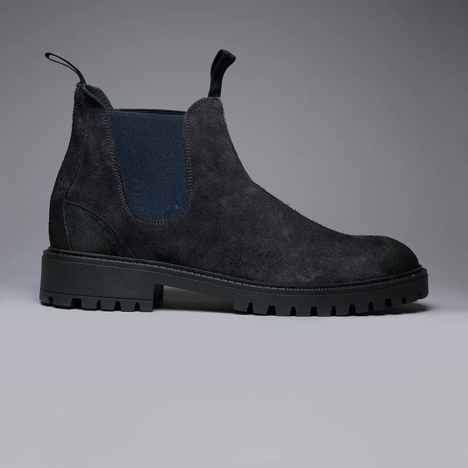 V2 | SHERLOCK STIVALETTO SCAMOSCIATO BLU CON INSERTO IN TESSUTO