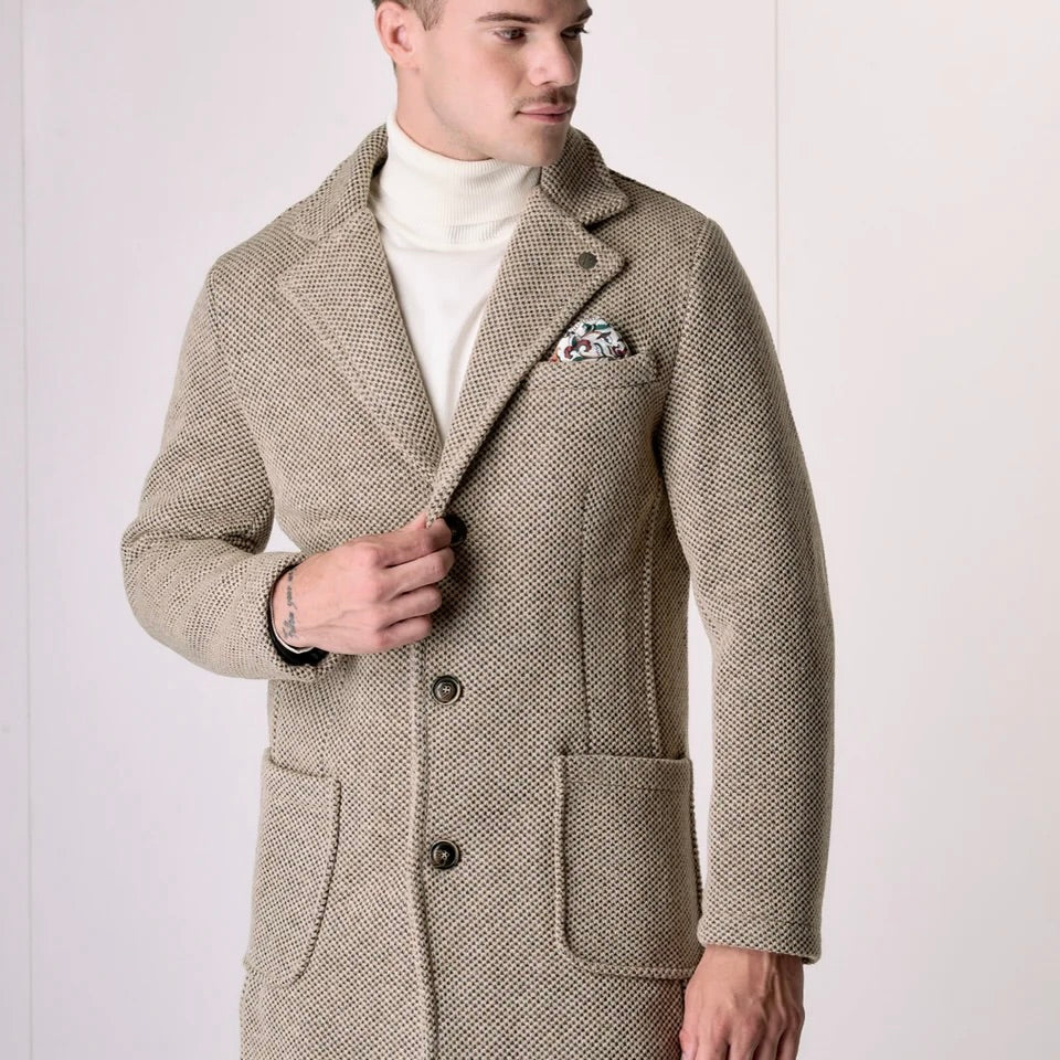 V2 | CAPPOTTO MONOPETTO PUNTO RISO SABBIA CON FODERA INTERNA E POCHETTE IN TESSUTO