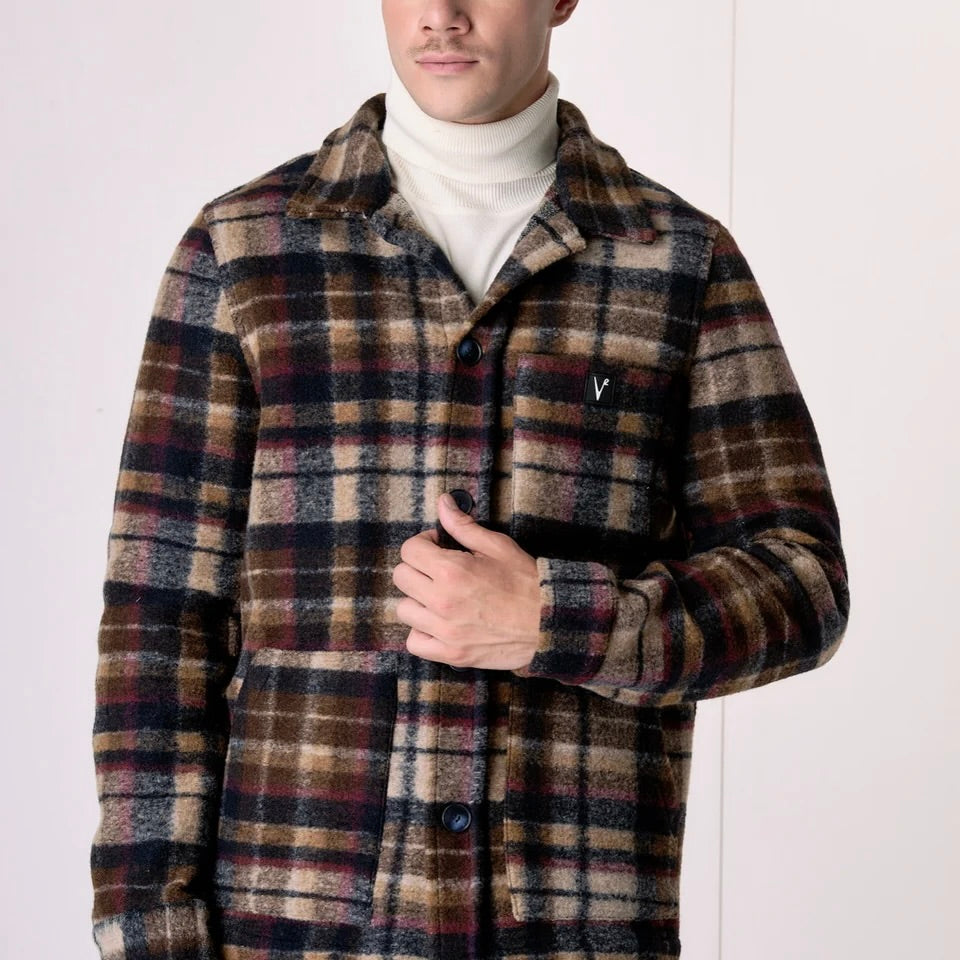 V2 | SAHARIANA IN LANA COTTA CHECK MULTICOLOR BLU CON FODERA INTERNA IN TESSUTO V2