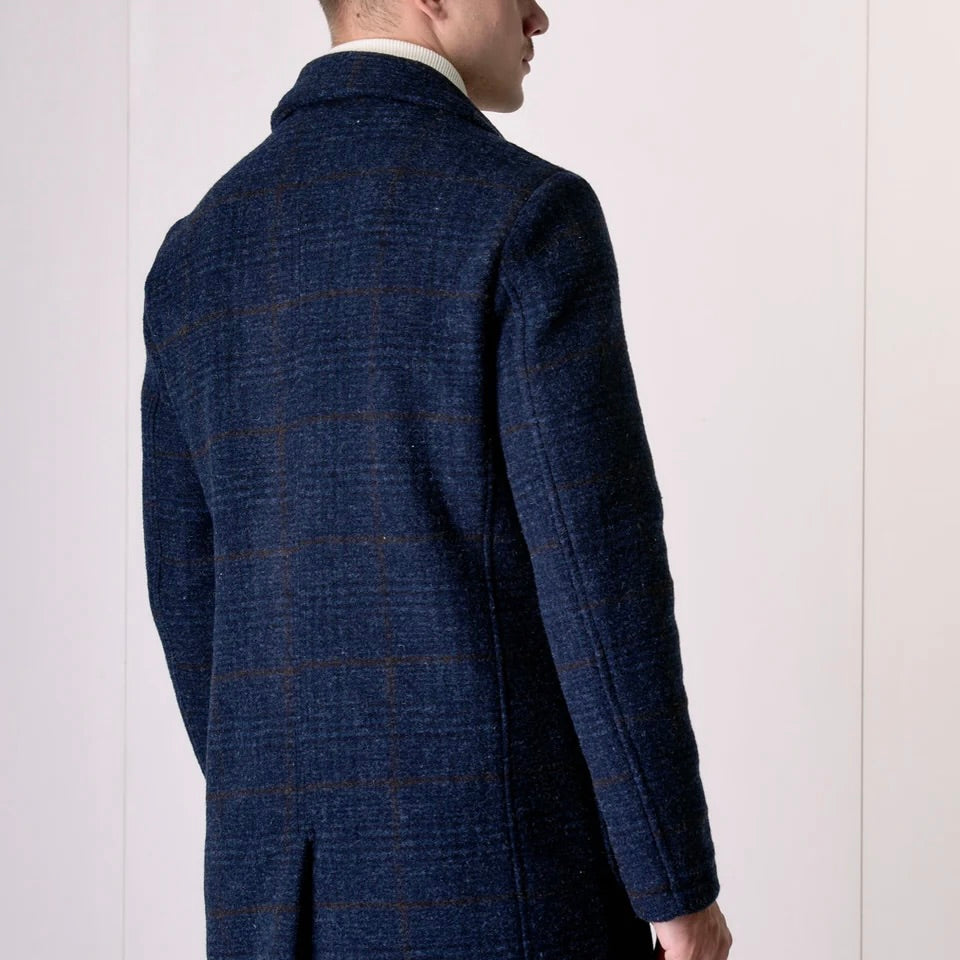 V2 | CAPPOTTO MONOPETTO IN LANA COTTA PRINCIPE DI GALLES BLU CON FODERA INTERNA E POCHETTE IN TESSUTO
