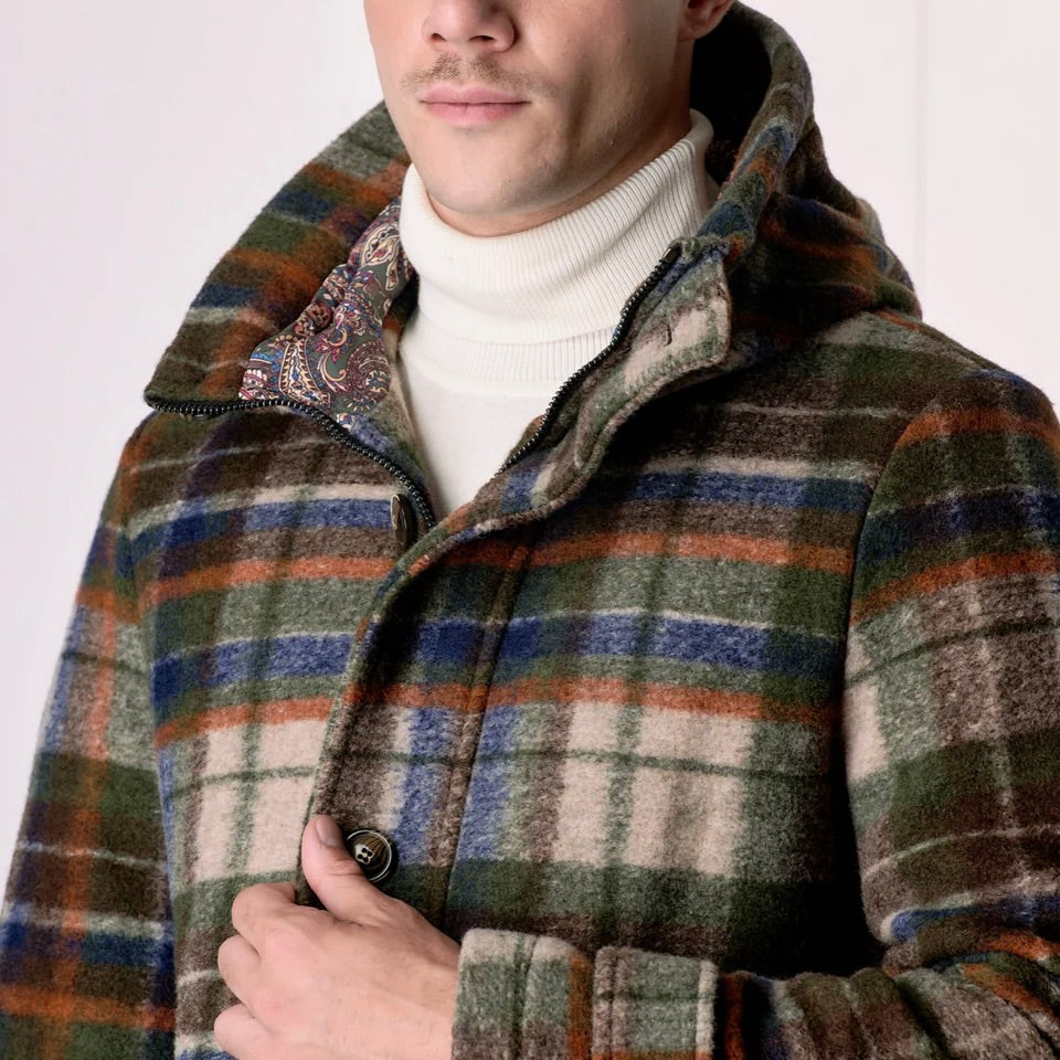 V2 | PARKA IN LANA COTTA CHECK MULTICOLOR VERDE MILITARE CON FODERA INTERNA IN TESSUTO