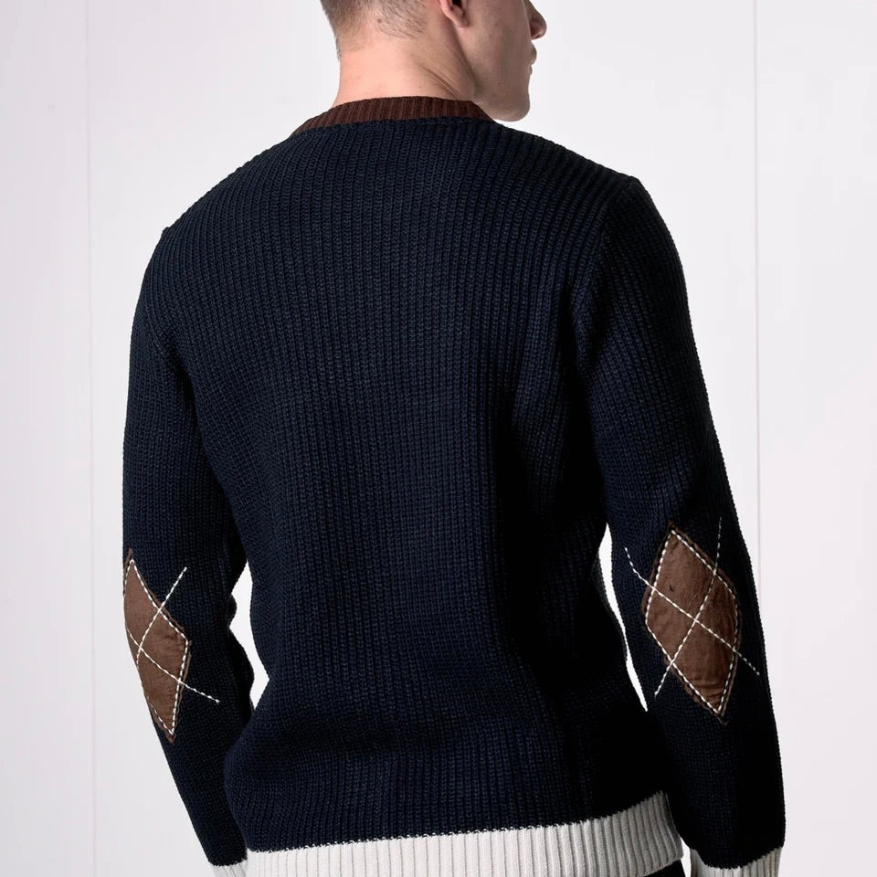 V2 | MAGLIONE GIROCOLLO MAGLIA INGLESE TRE COLORI CON TOPPE SCAMOSCIATE