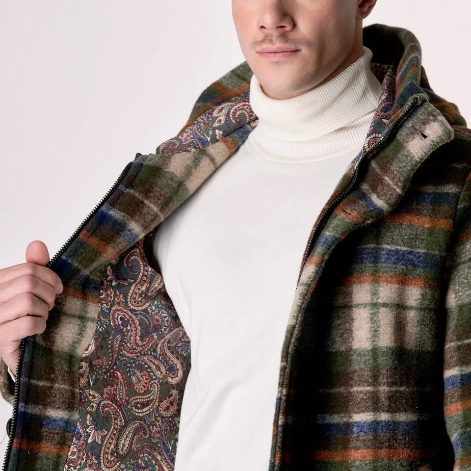 V2 | PARKA IN LANA COTTA CHECK MULTICOLOR VERDE MILITARE CON FODERA INTERNA IN TESSUTO