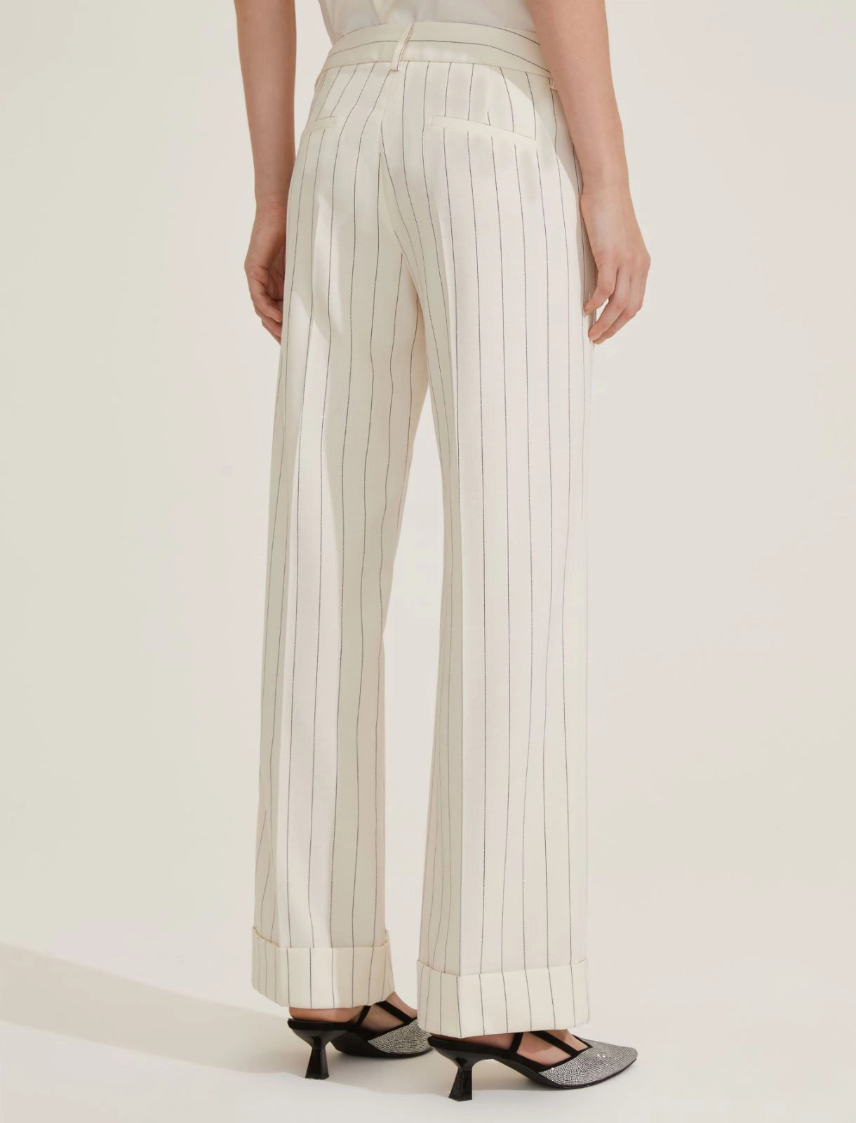 EMME Marella | Pantalone wideleg con risvolto - bianco lana gessato