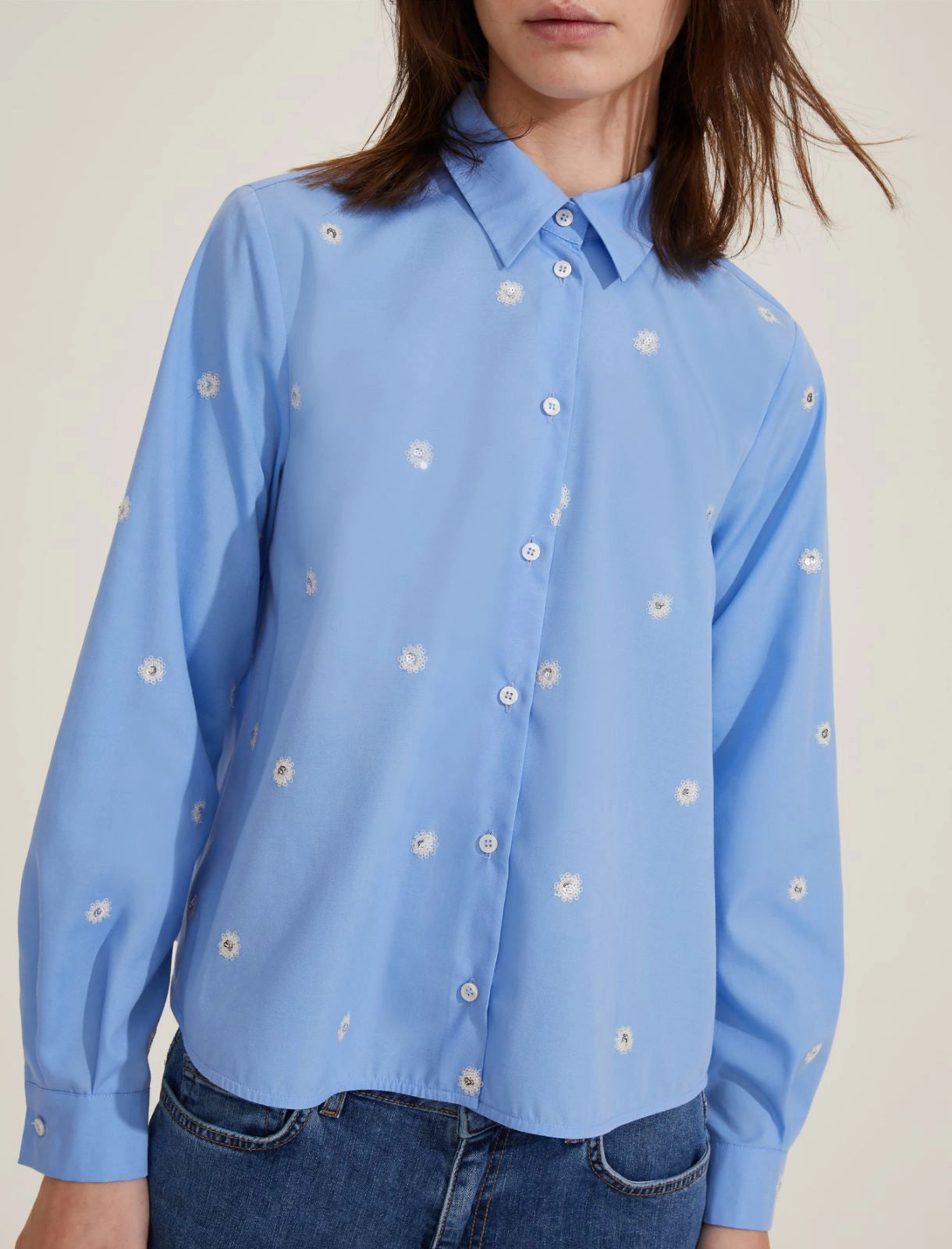 Emme Marella | Camicia svasata con micro paillettes a fiori - azzurro inteso