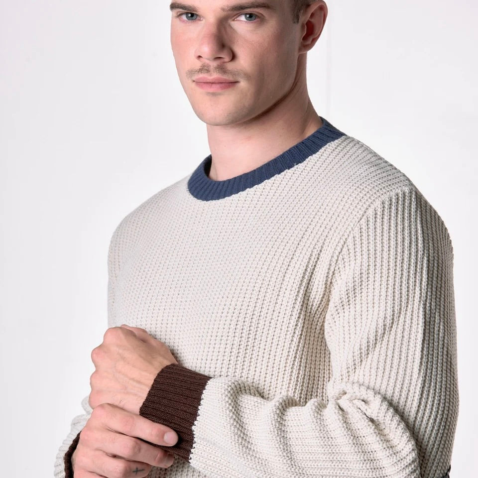 V2 | MAGLIONE GIROCOLLO MAGLIA INGLESE TRE COLORI CON TOPPE SCAMOSCIATE