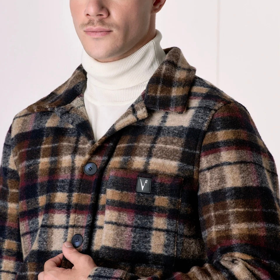 V2 | SAHARIANA IN LANA COTTA CHECK MULTICOLOR BLU CON FODERA INTERNA IN TESSUTO V2