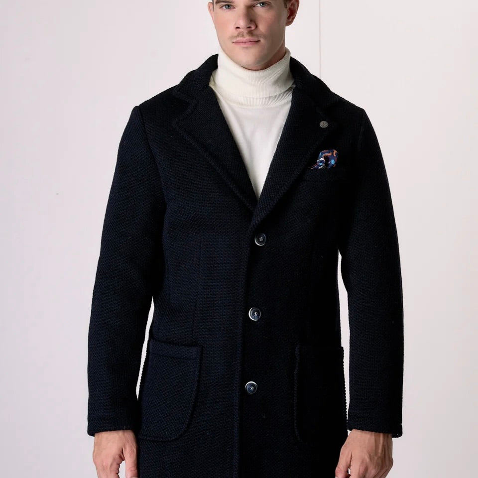 V2 | CAPPOTTO MONOPETTO PUNTO RISO BLU CON FODERA INTERNA E POCHETTE IN TESSUTO