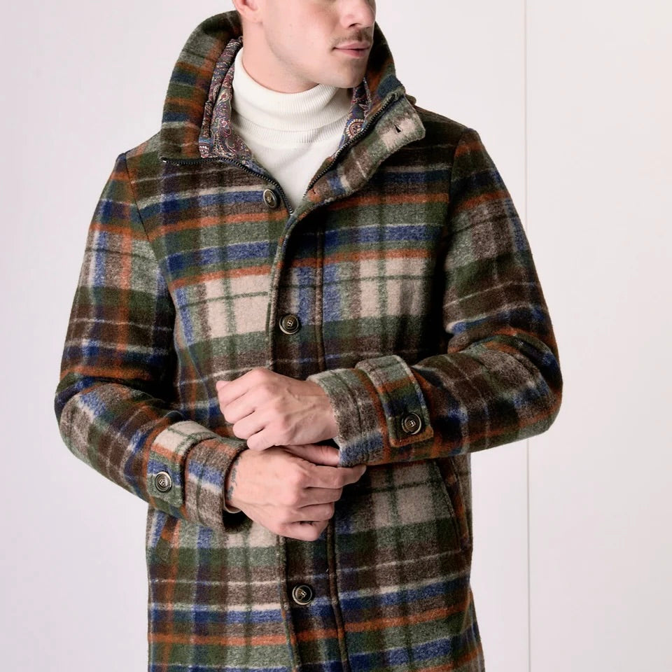 V2 | PARKA IN LANA COTTA CHECK MULTICOLOR VERDE MILITARE CON FODERA INTERNA IN TESSUTO