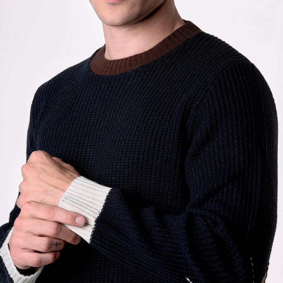 V2 | MAGLIONE GIROCOLLO MAGLIA INGLESE TRE COLORI CON TOPPE SCAMOSCIATE
