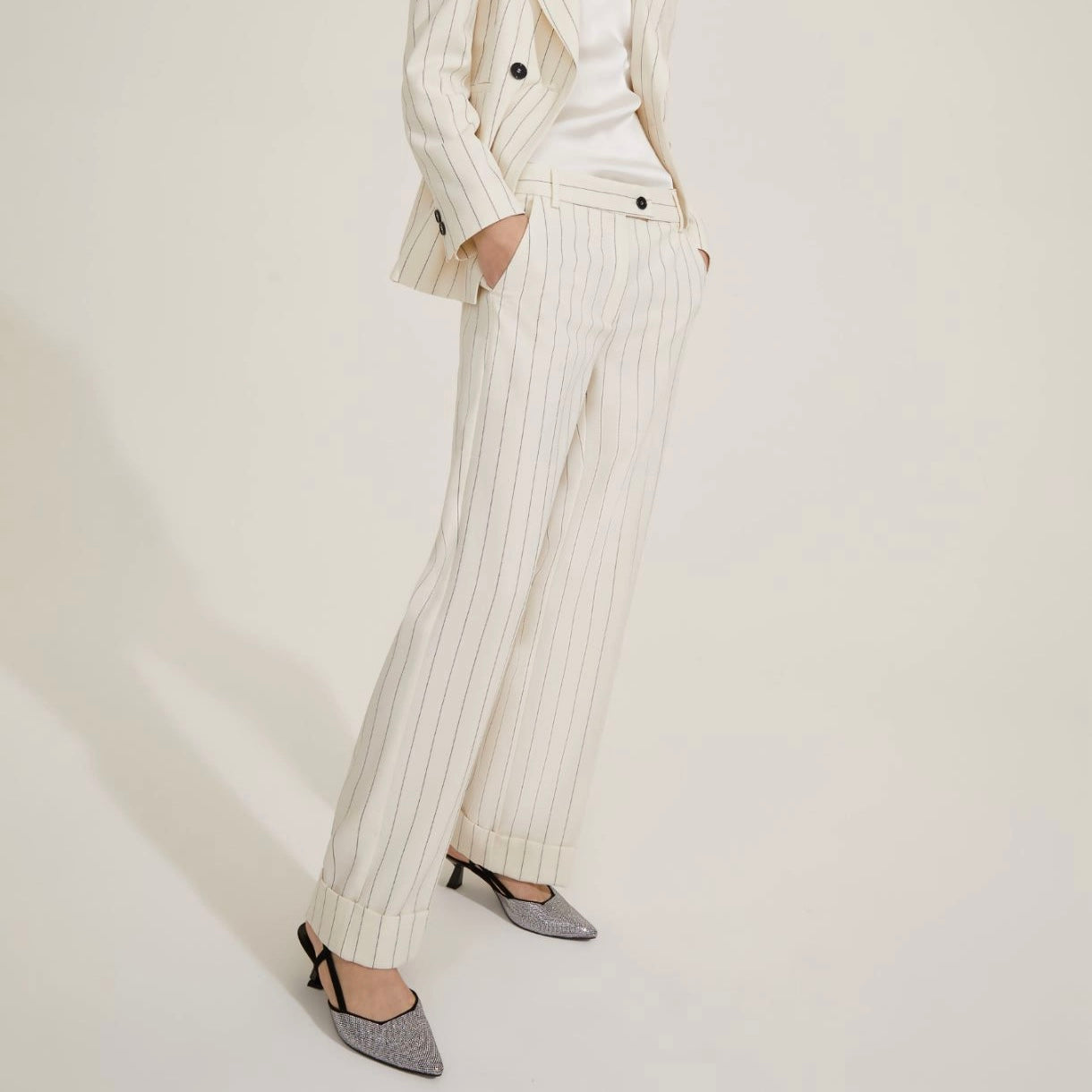 EMME Marella | Pantalone wideleg con risvolto - bianco lana gessato