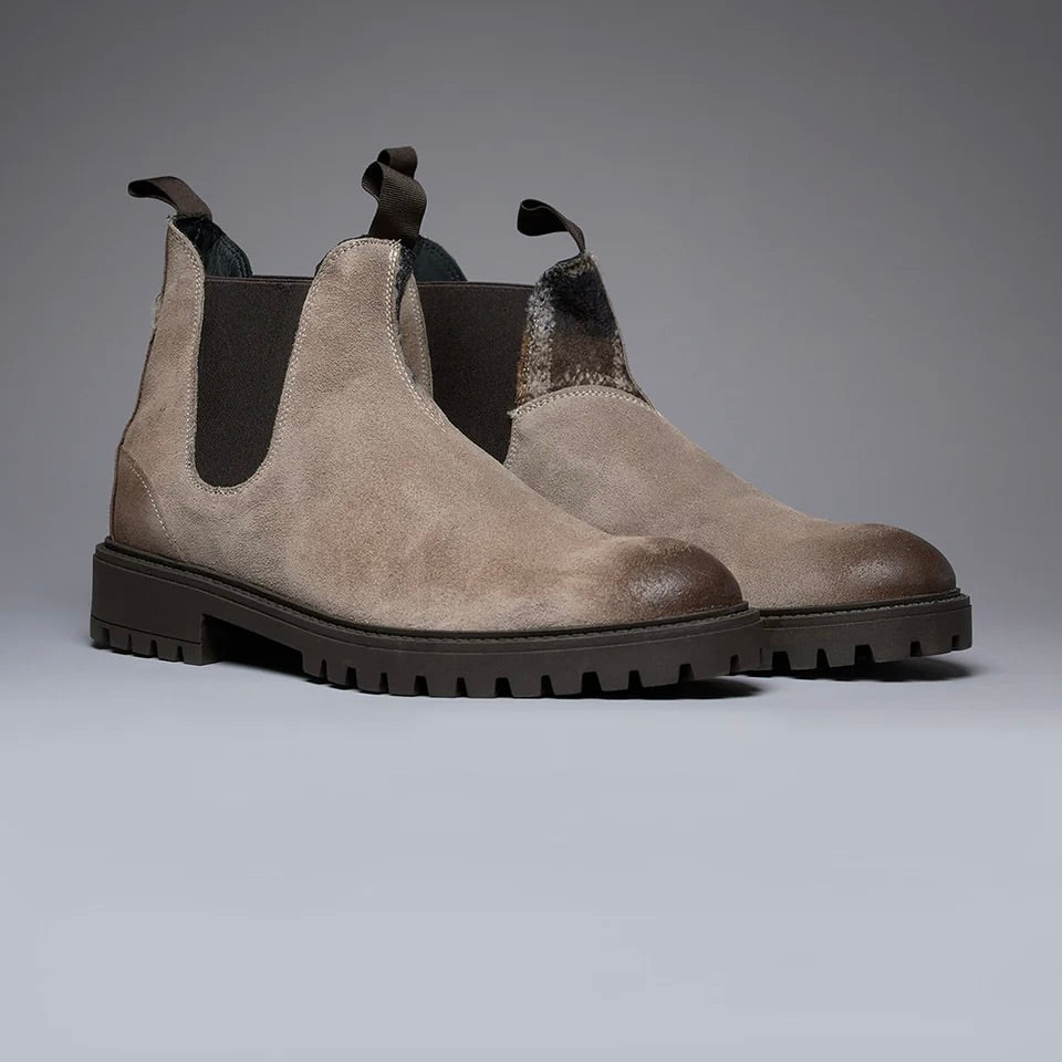 V2 | SHERLOCK STIVALETTO SCAMOSCIATO TORTORA CON INSERTO IN TESSUTO