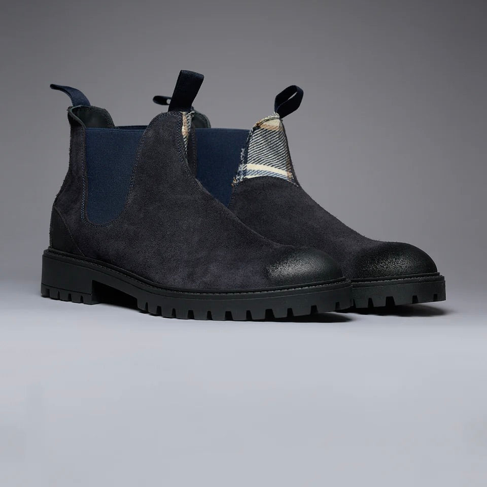 V2 | SHERLOCK STIVALETTO SCAMOSCIATO BLU CON INSERTO IN TESSUTO