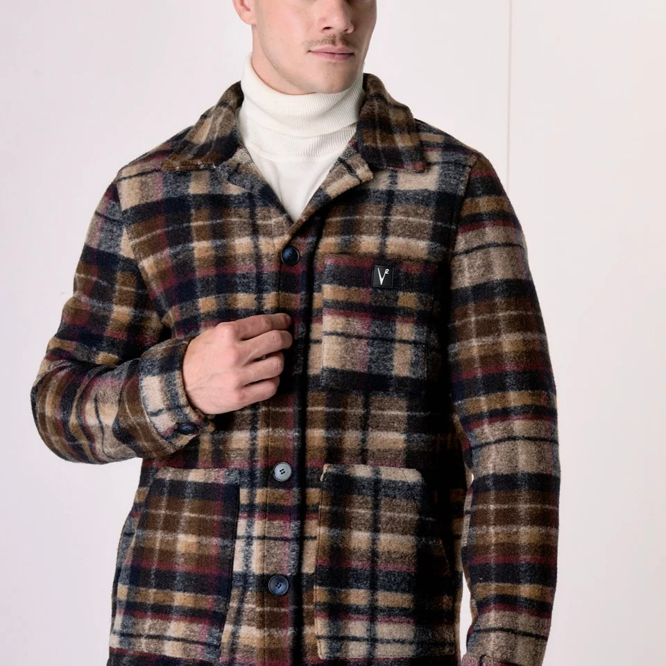 V2 | SAHARIANA IN LANA COTTA CHECK MULTICOLOR BLU CON FODERA INTERNA IN TESSUTO V2