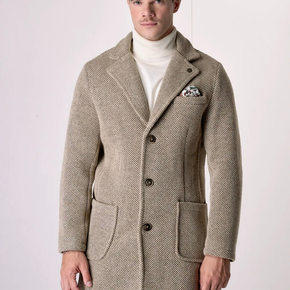 V2 | CAPPOTTO MONOPETTO PUNTO RISO SABBIA CON FODERA INTERNA E POCHETTE IN TESSUTO